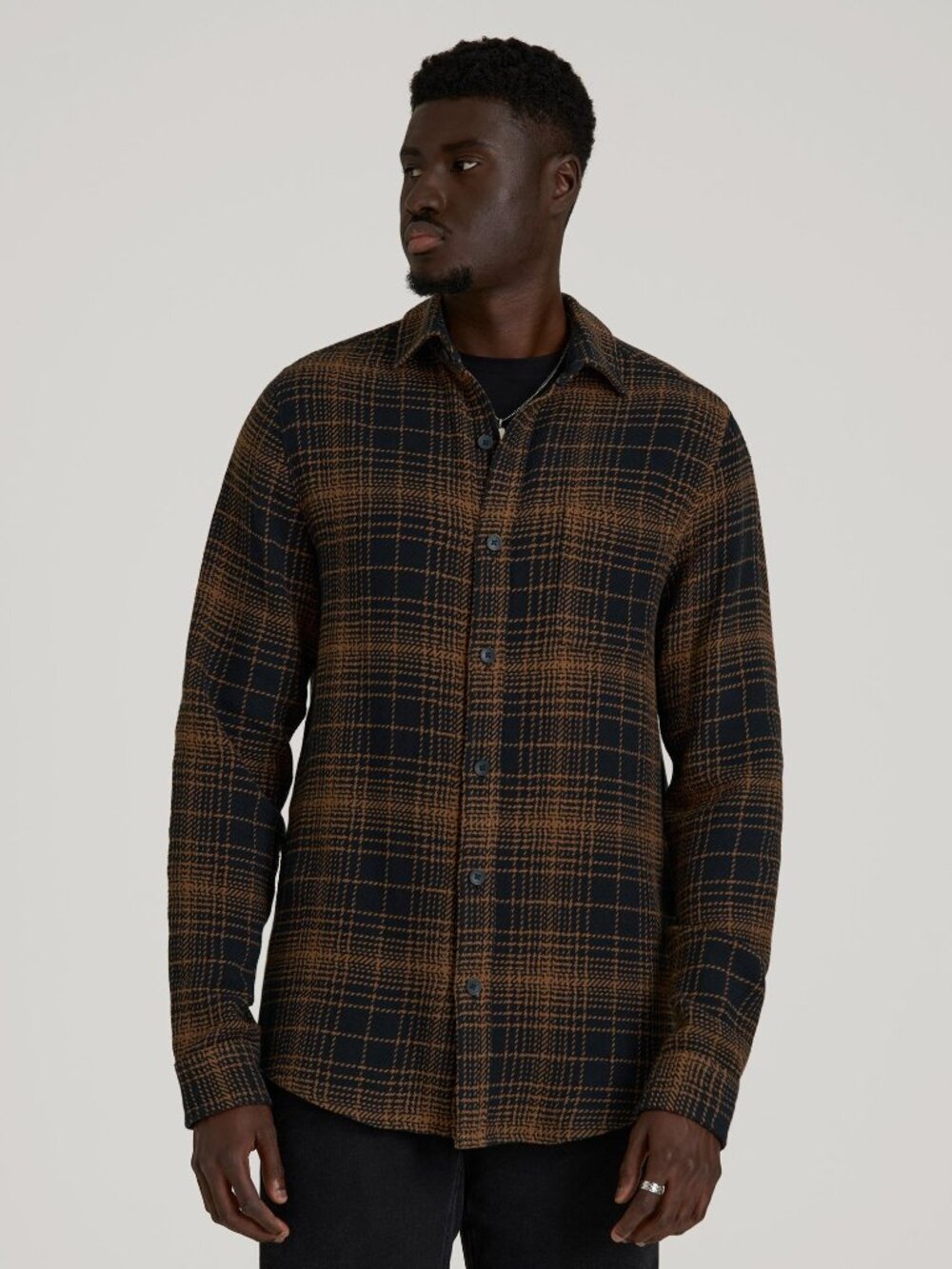 American Tall Lightweight Woven Overshirt for Tall Men in Black and Caramel Plai